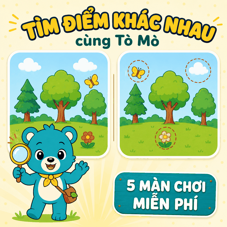 Tò Mò cầm kính lúp bên hai bức tranh có vài chỗ khác nhau